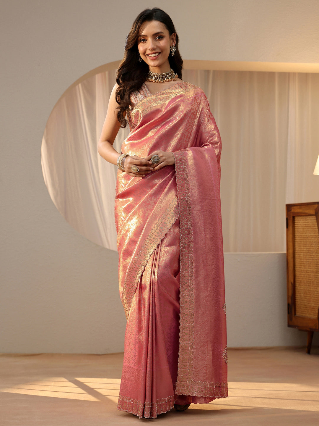  Peach Ethnic Motif Silk Blend Saree 