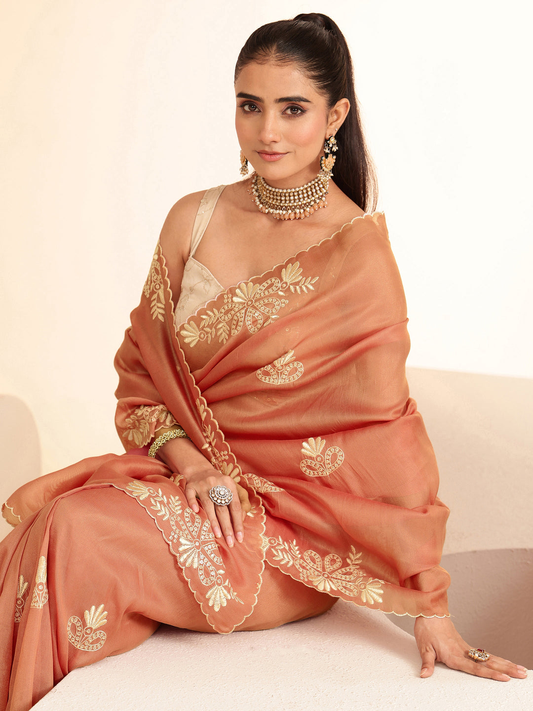  Peach Floral Embroidered Net Saree 