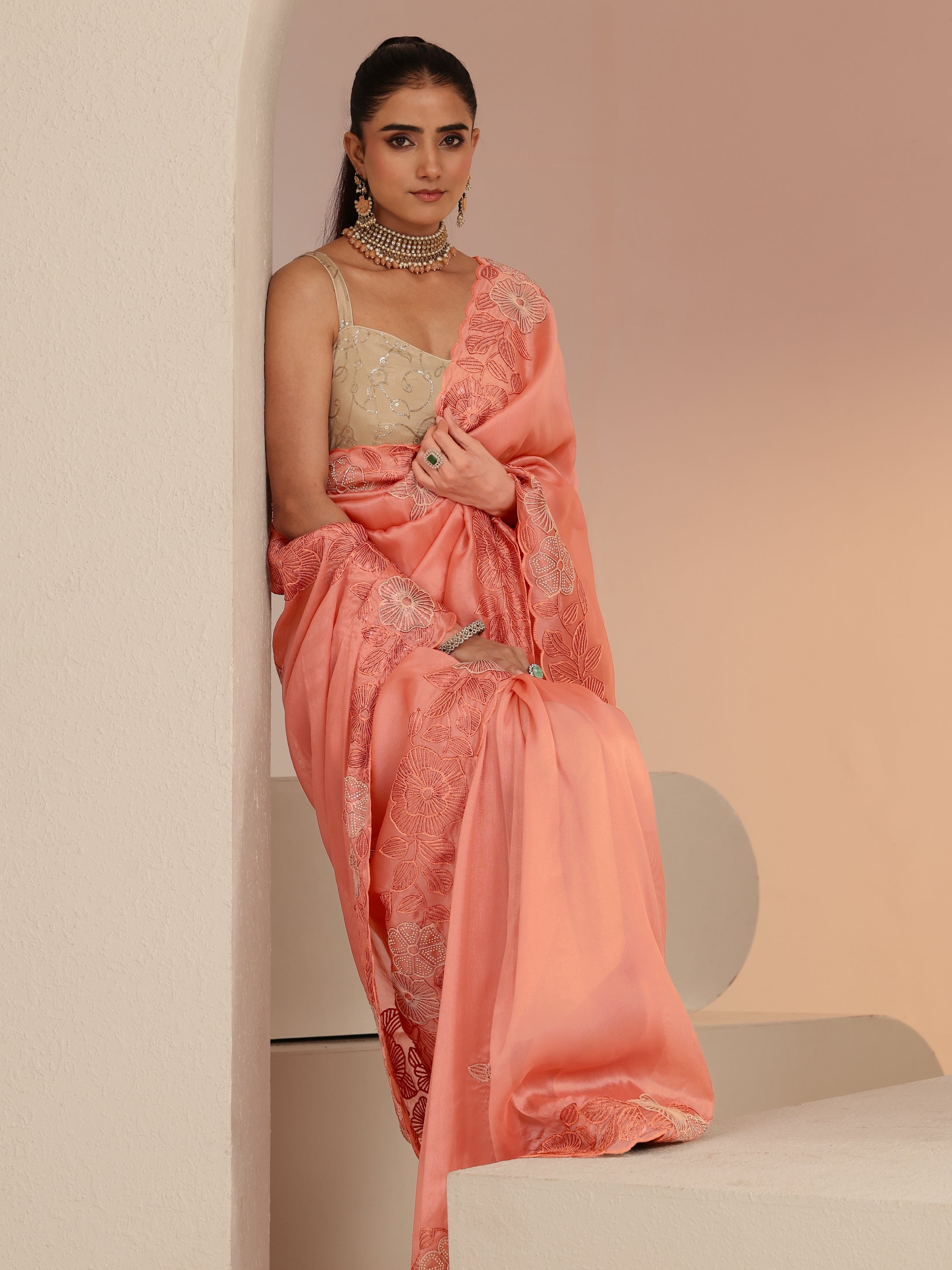 libas Peach Floral Embroidered Net Saree-picture-51