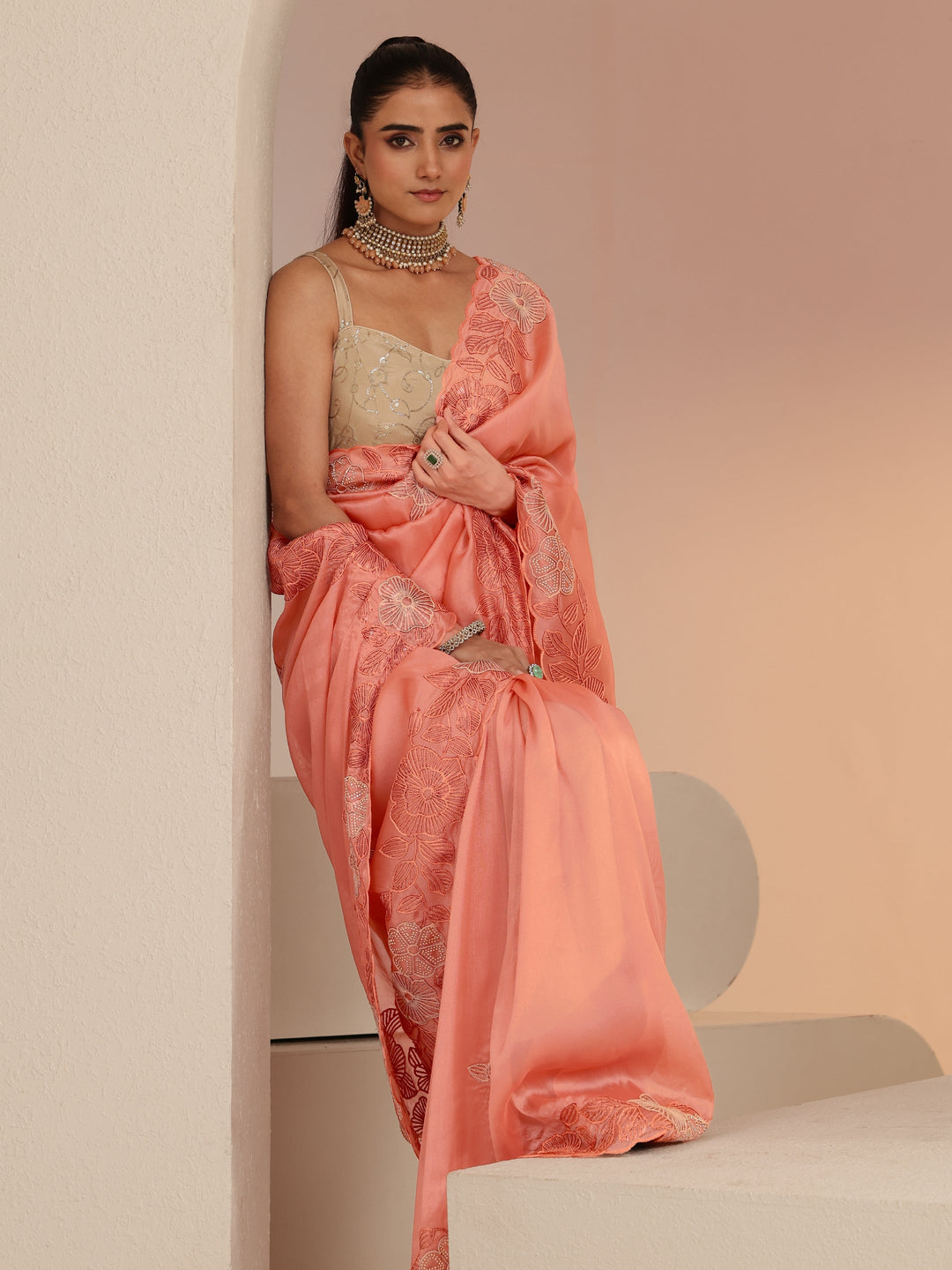  Peach Floral Embroidered Net Saree 