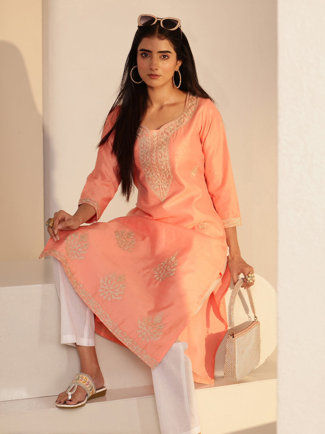  Peach Floral Embroidered Silk Blend Straight Kurta 