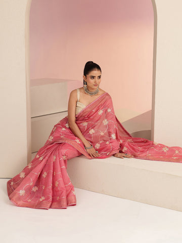 Peach Floral Embroidered Tissue Saree