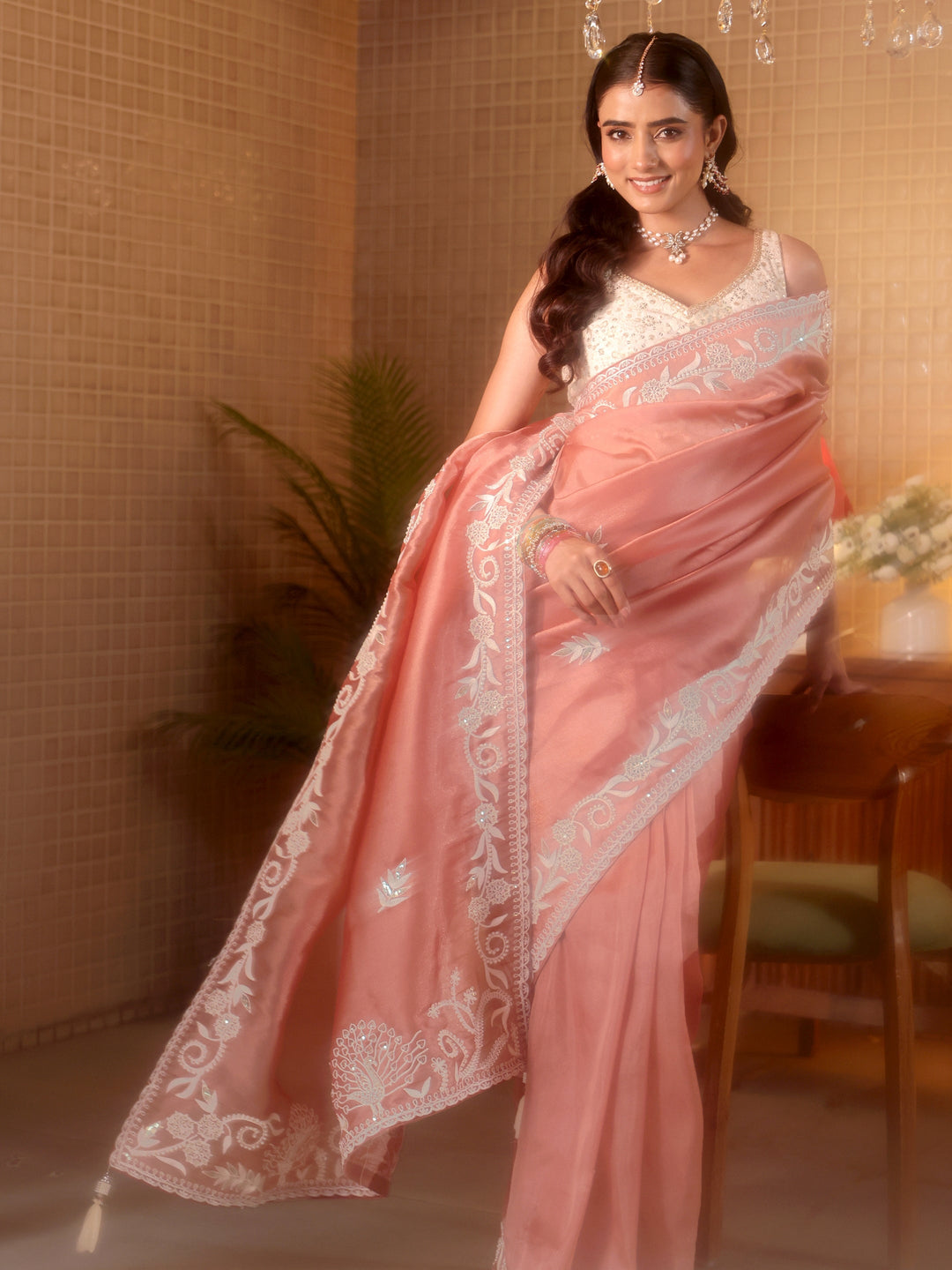  Peach Floral Embroidered Tissue Saree 
