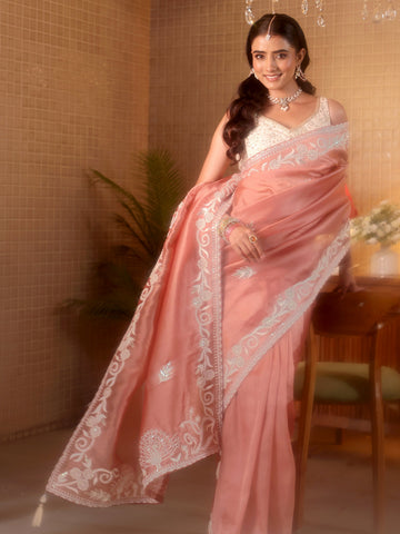 Libas Peach Floral Embroidered Tissue Saree