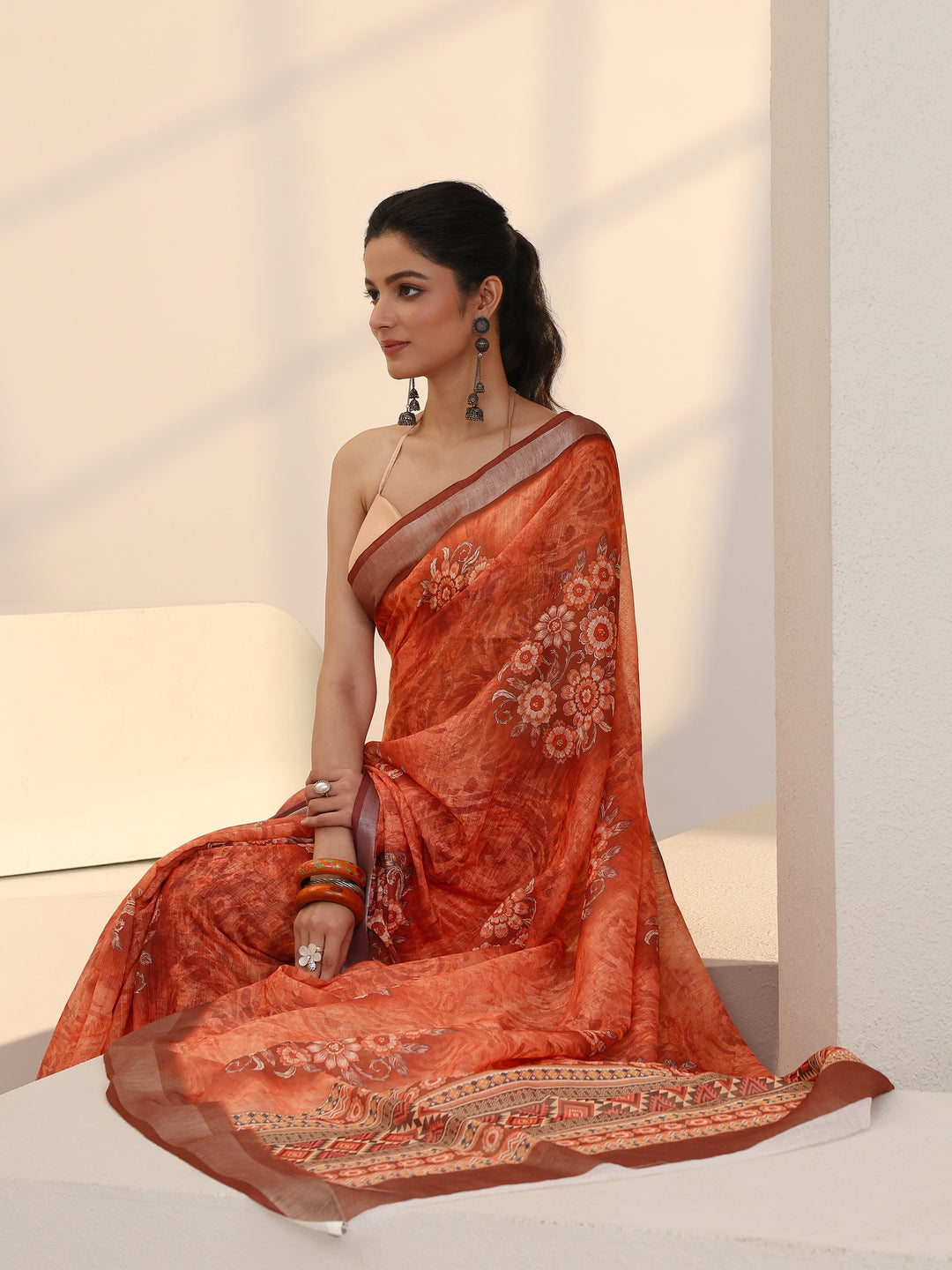  Peach Floral Print Cotton Blend Saree 