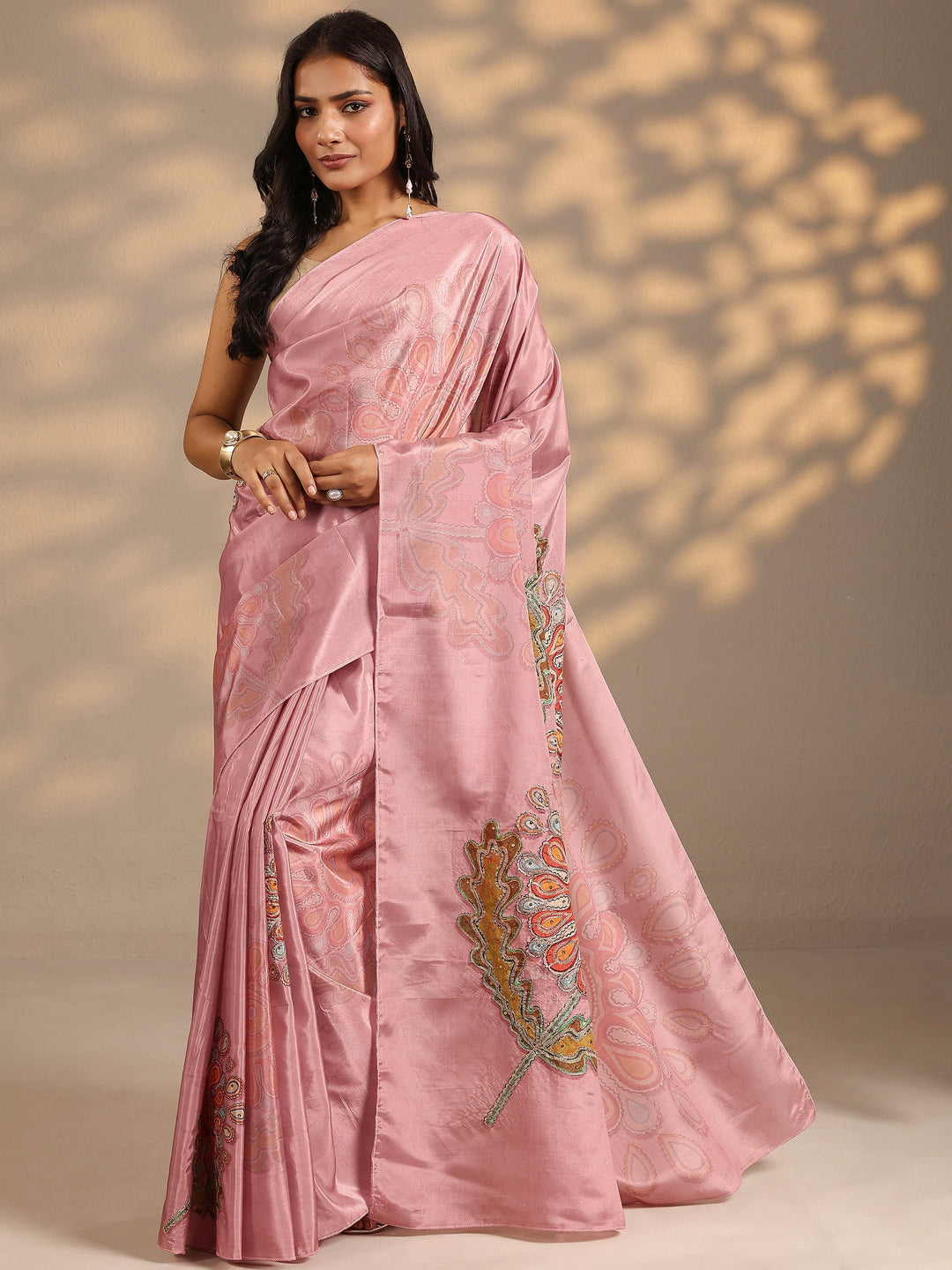 Peach Printed Silk Blend Saree With Unstitched Blouse Piece