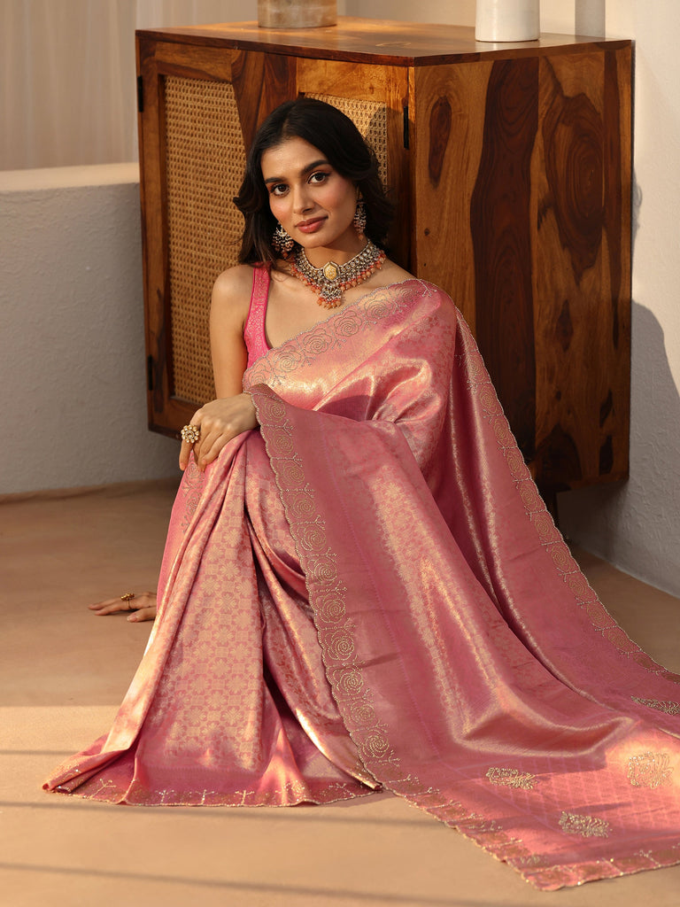 Libas Peach Silk Blend Saree with Embellished Border