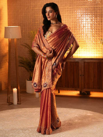 Peach Silk Blend Saree with Floral Border