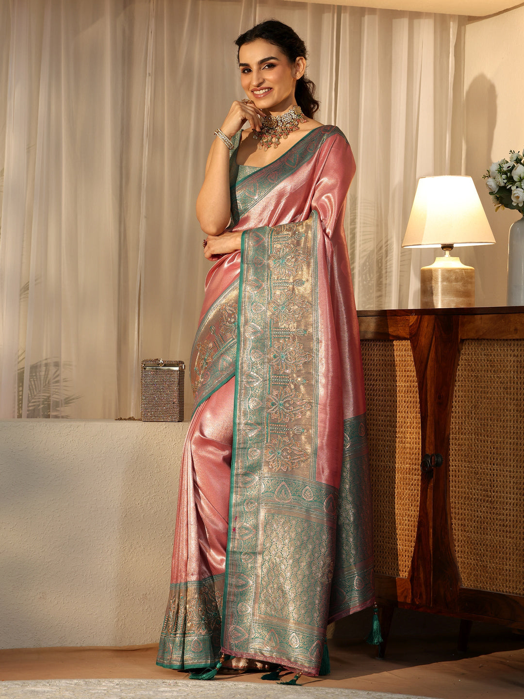  Peach Silk Blend Saree with Woven Border 