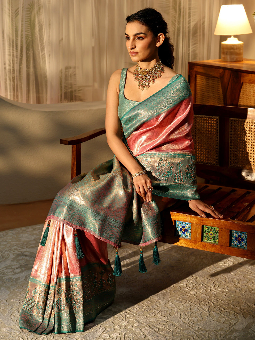  Peach Silk Blend Saree with Woven Border 