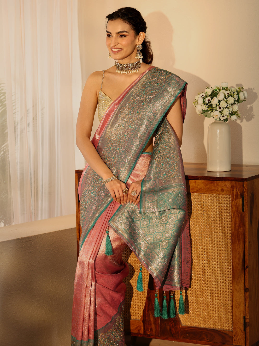  Peach Silk Blend Saree with Woven Border 