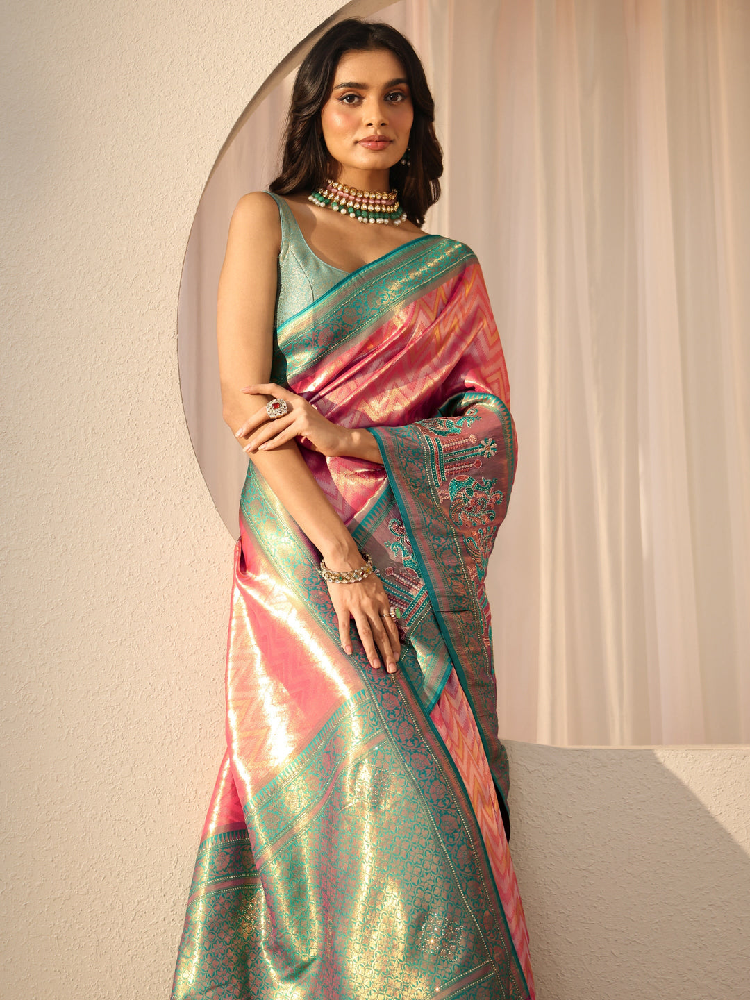  Peach Silk Blend Saree with Woven Border 