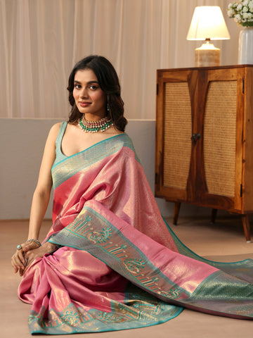 Libas Peach Silk Blend Saree with Woven Border