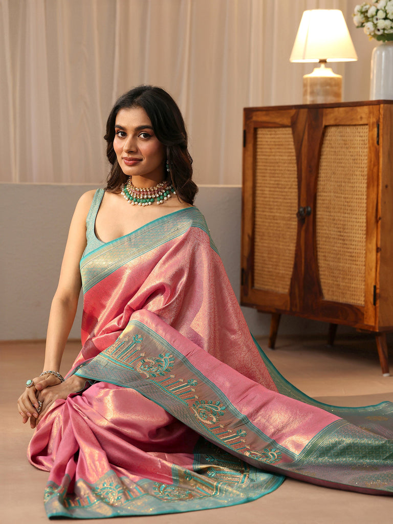 Libas Peach Silk Blend Saree with Woven Border