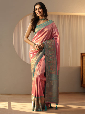 Libas Peach Silk Blend Saree with Woven Border