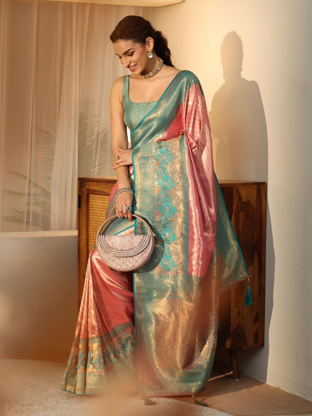  Peach Silk Blend Saree with Woven Border 