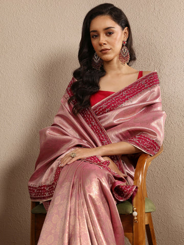 Peach Woven Design Silk Blend Saree With Unstitched Blouse Piece