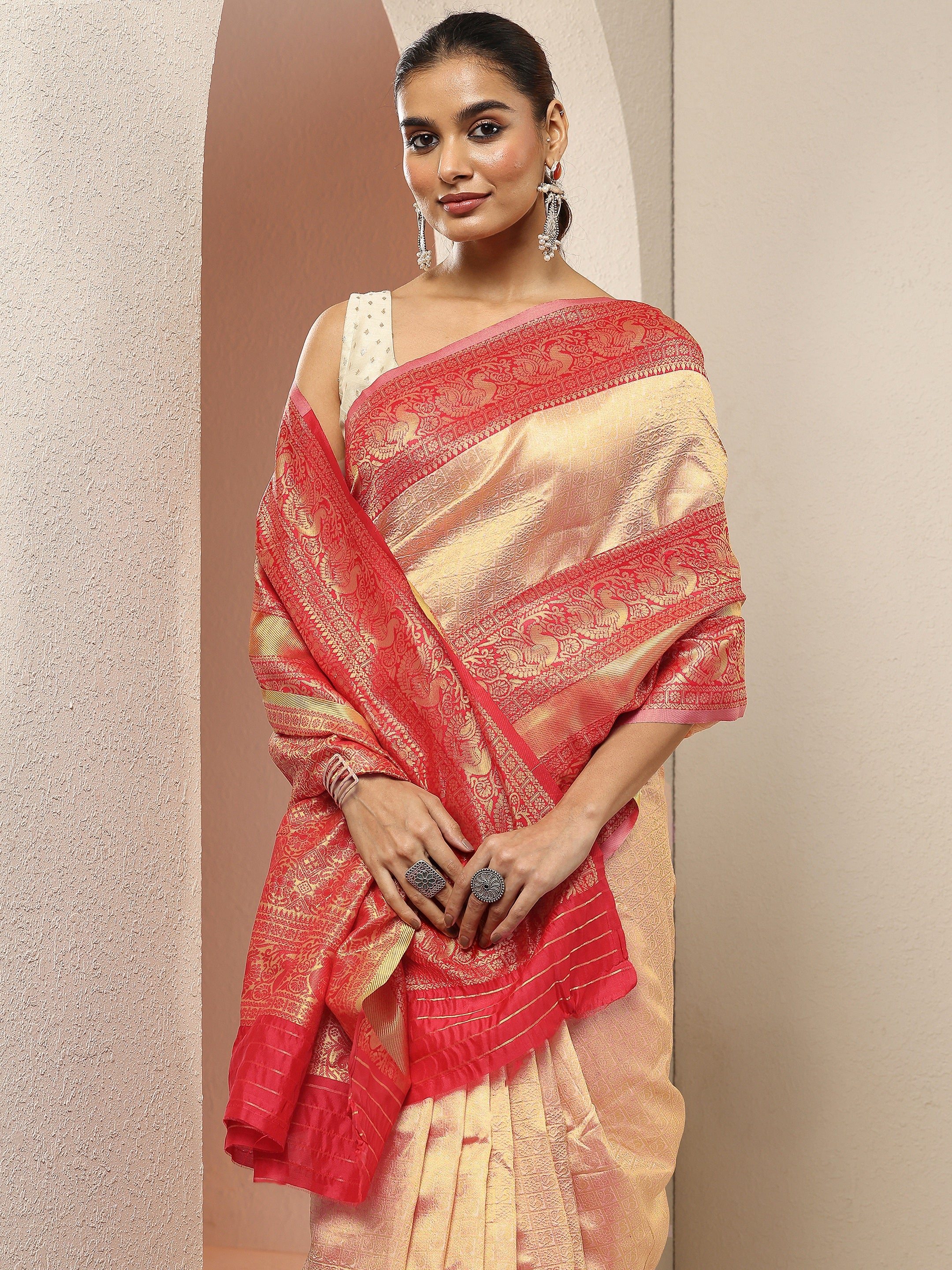 Peach Woven Design Silk Blend Sarees With Unstitched Blouse Piece-image-14