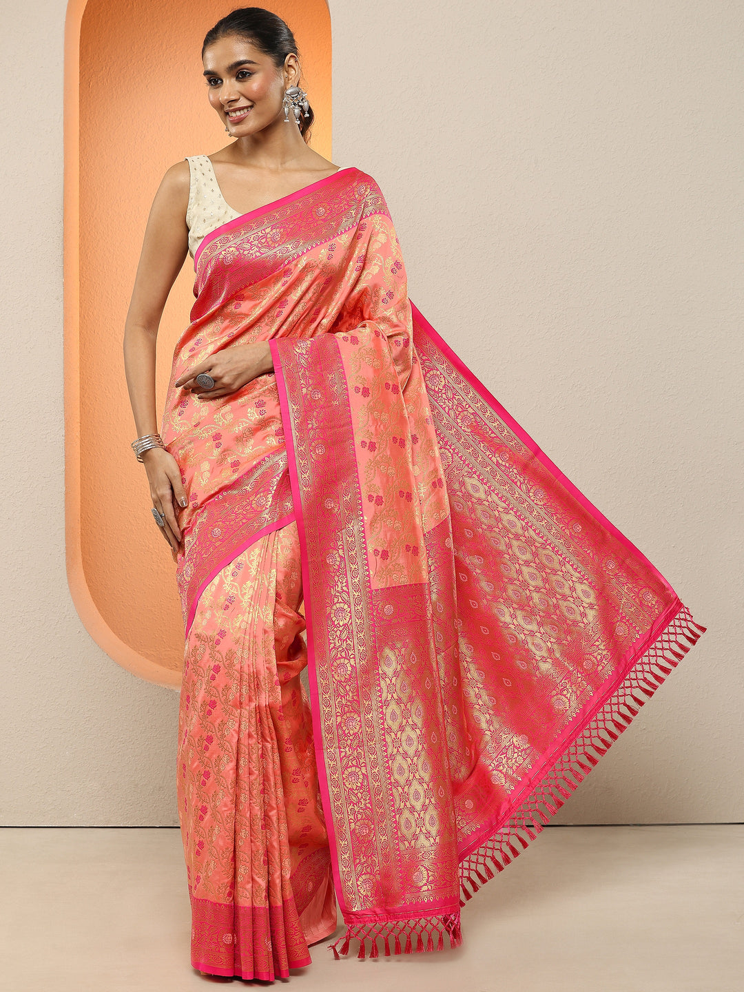 Peach Woven Design Silk Blend Sarees With Unstitched Blouse Piece