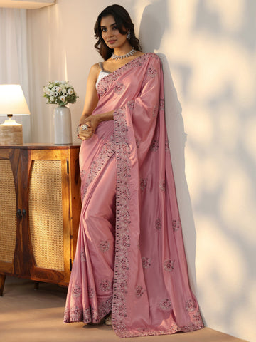 Libas Peach Floral Embroidered Satin Saree