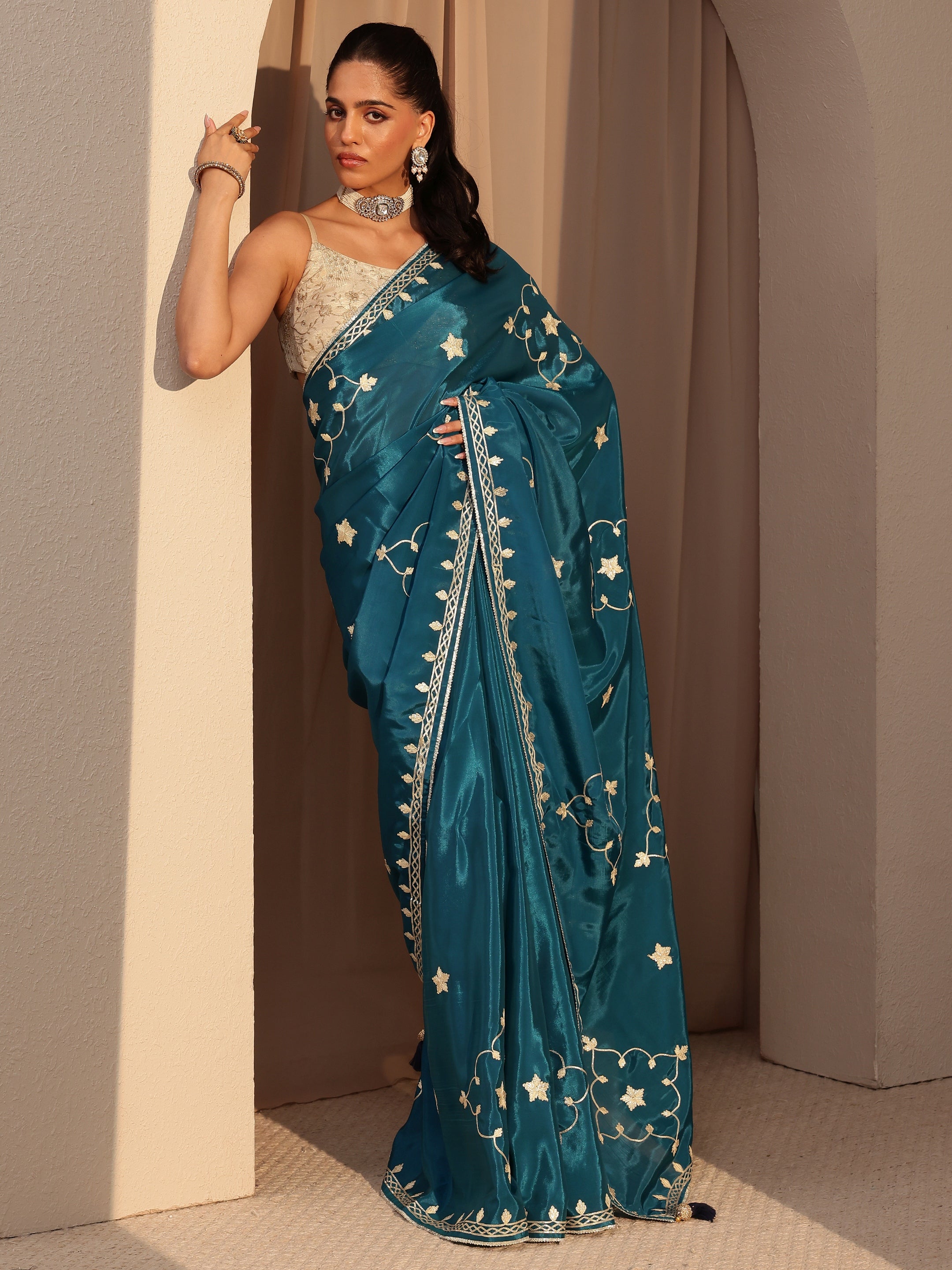 libas Peacock Blue Embellished Satin Saree-picture-37
