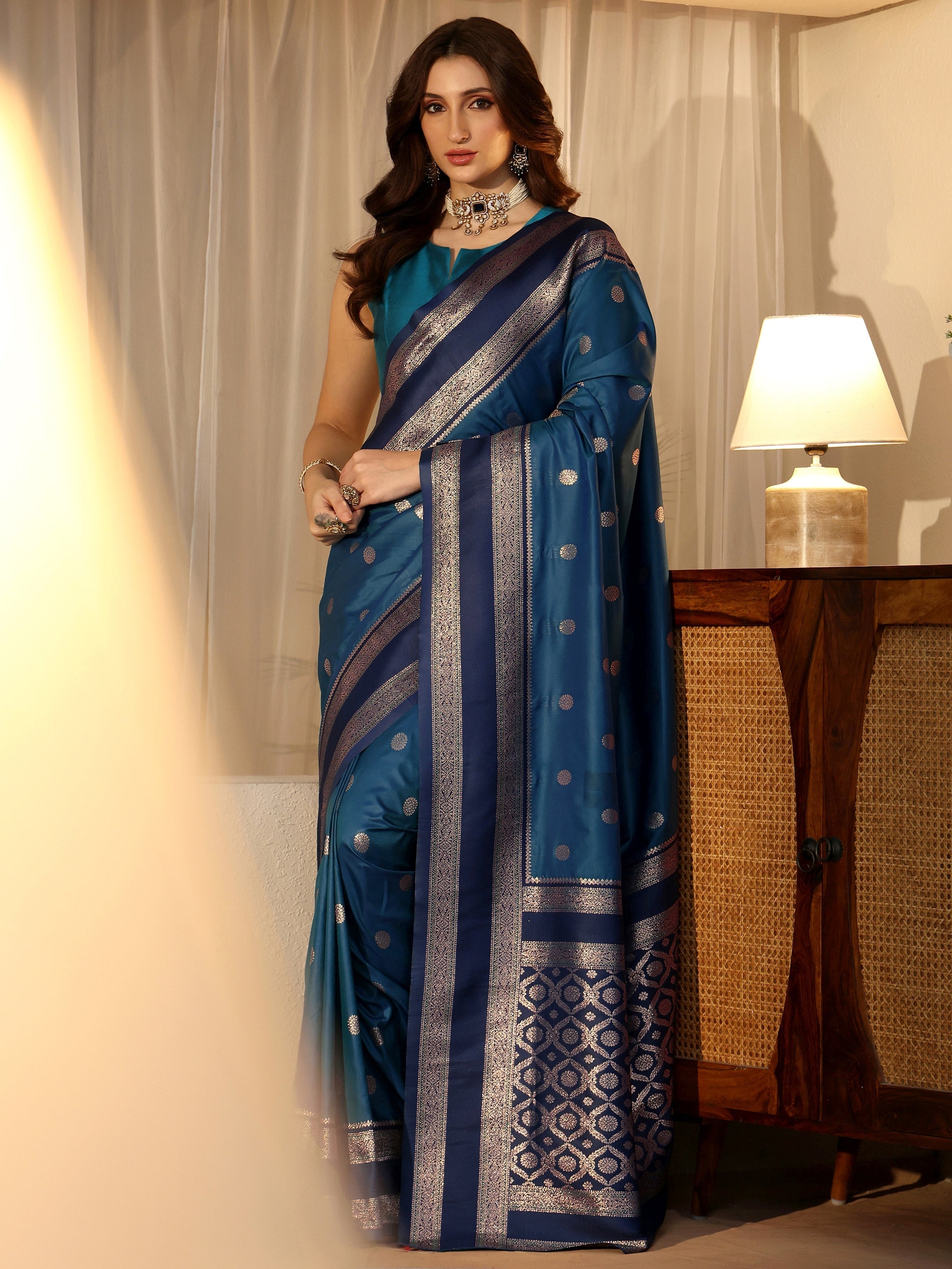 Libas Peacock Blue Ethnic Woven Design Silk Blend Saree-picture-31