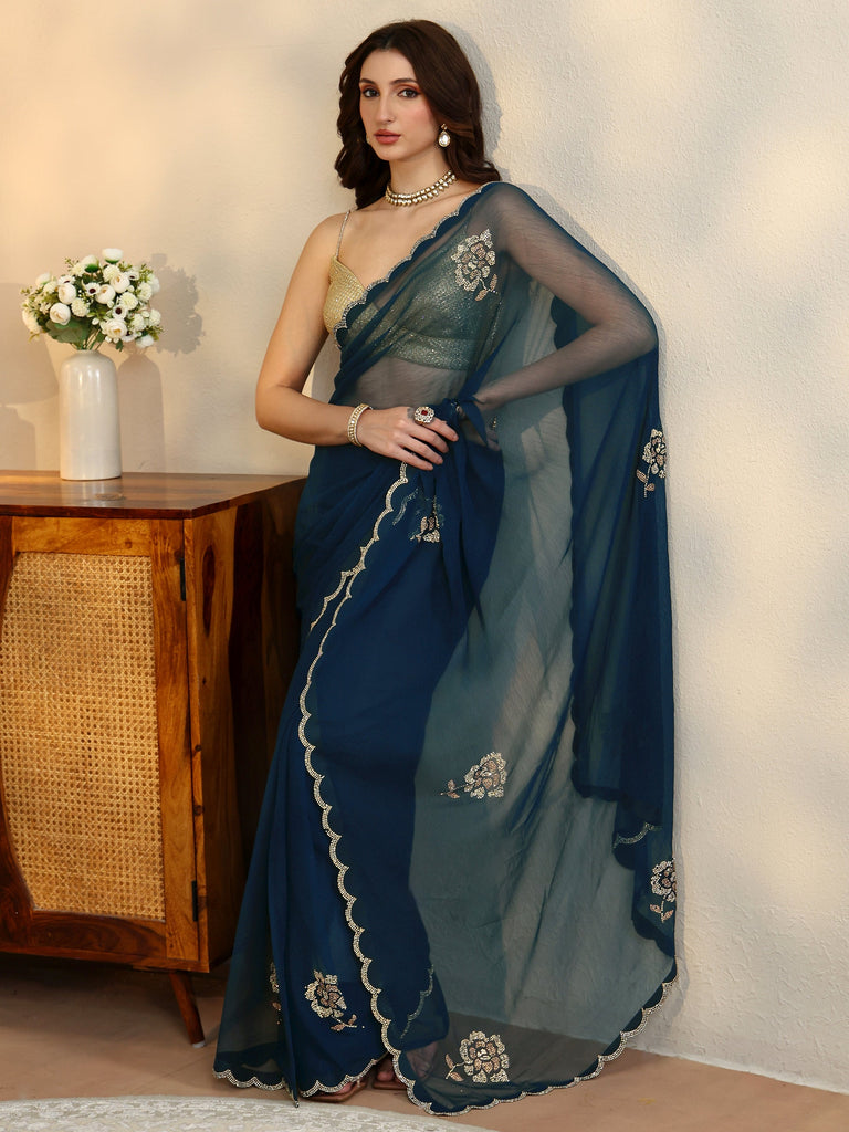 Libas Peacock Blue Floral Embellished Georgette Saree