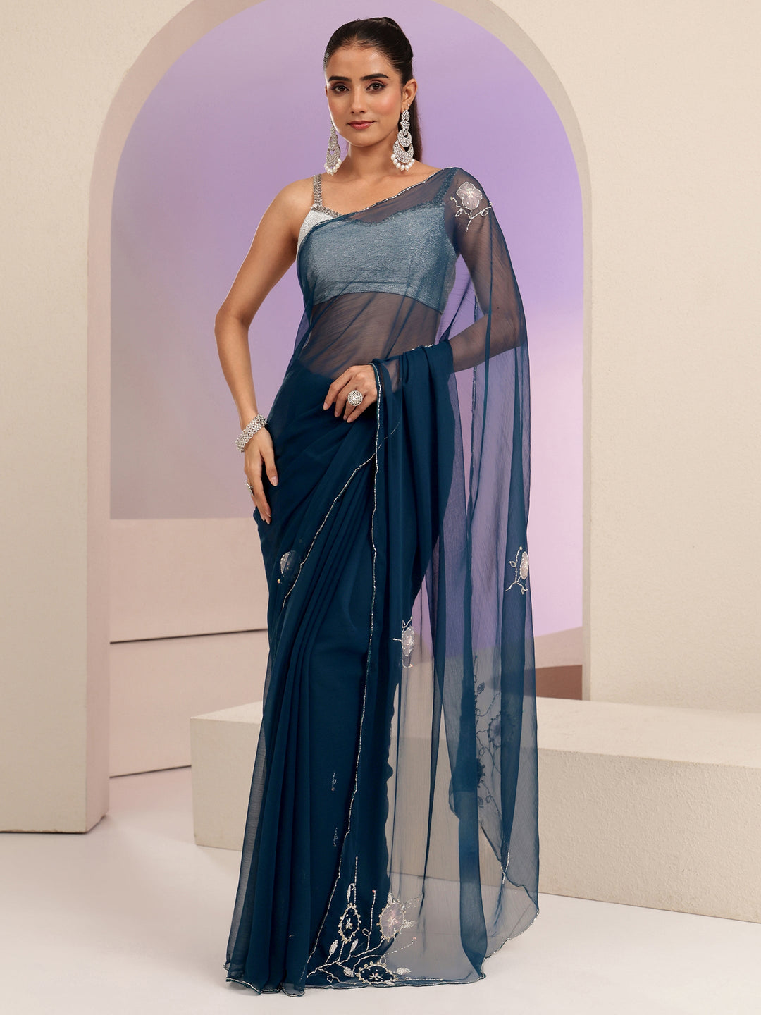  Peacock Blue Floral Embellished Silk Blend Saree 