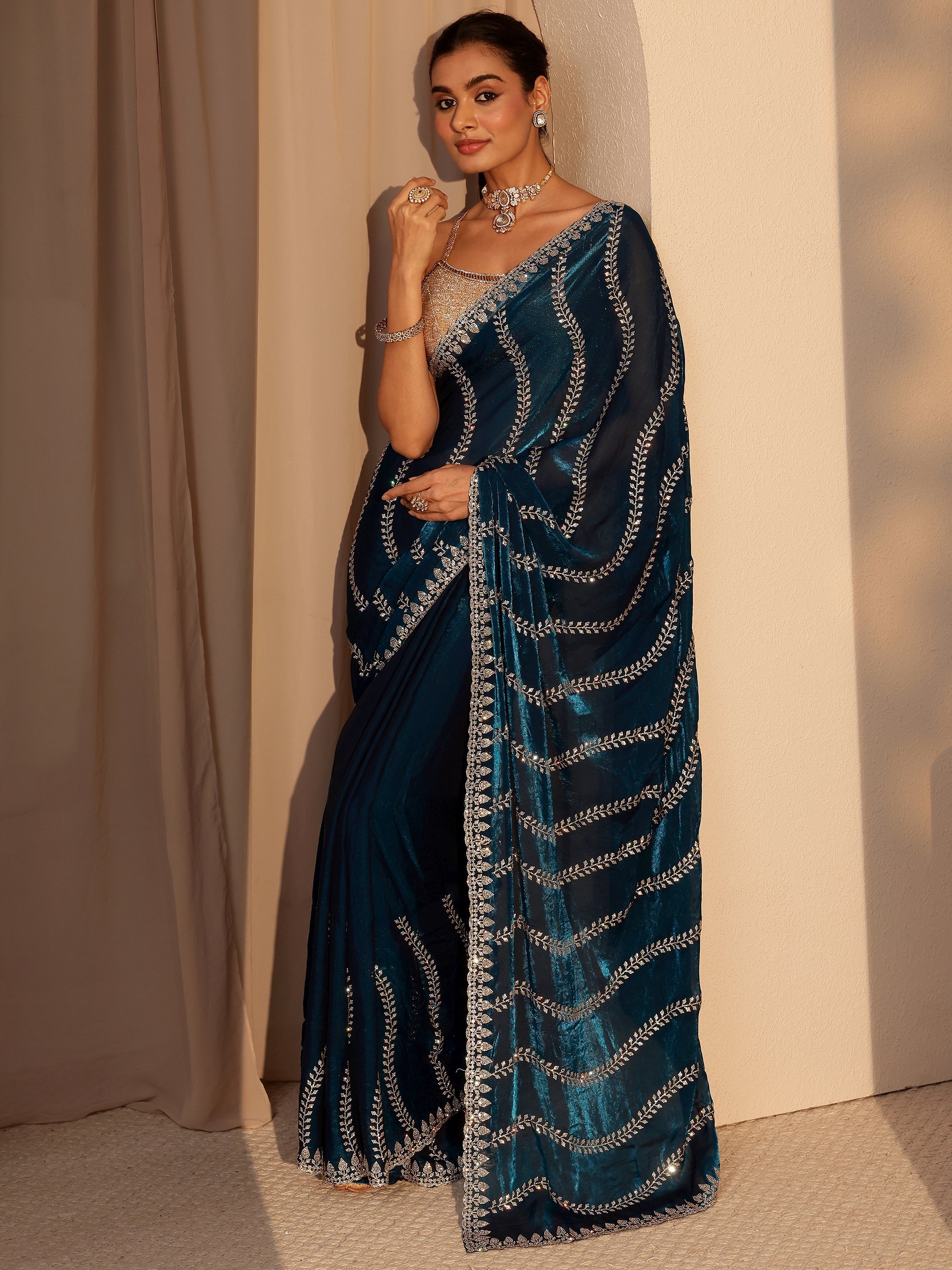 Libas Art Peacock Blue Floral Embellished Tissue Saree-picture-51