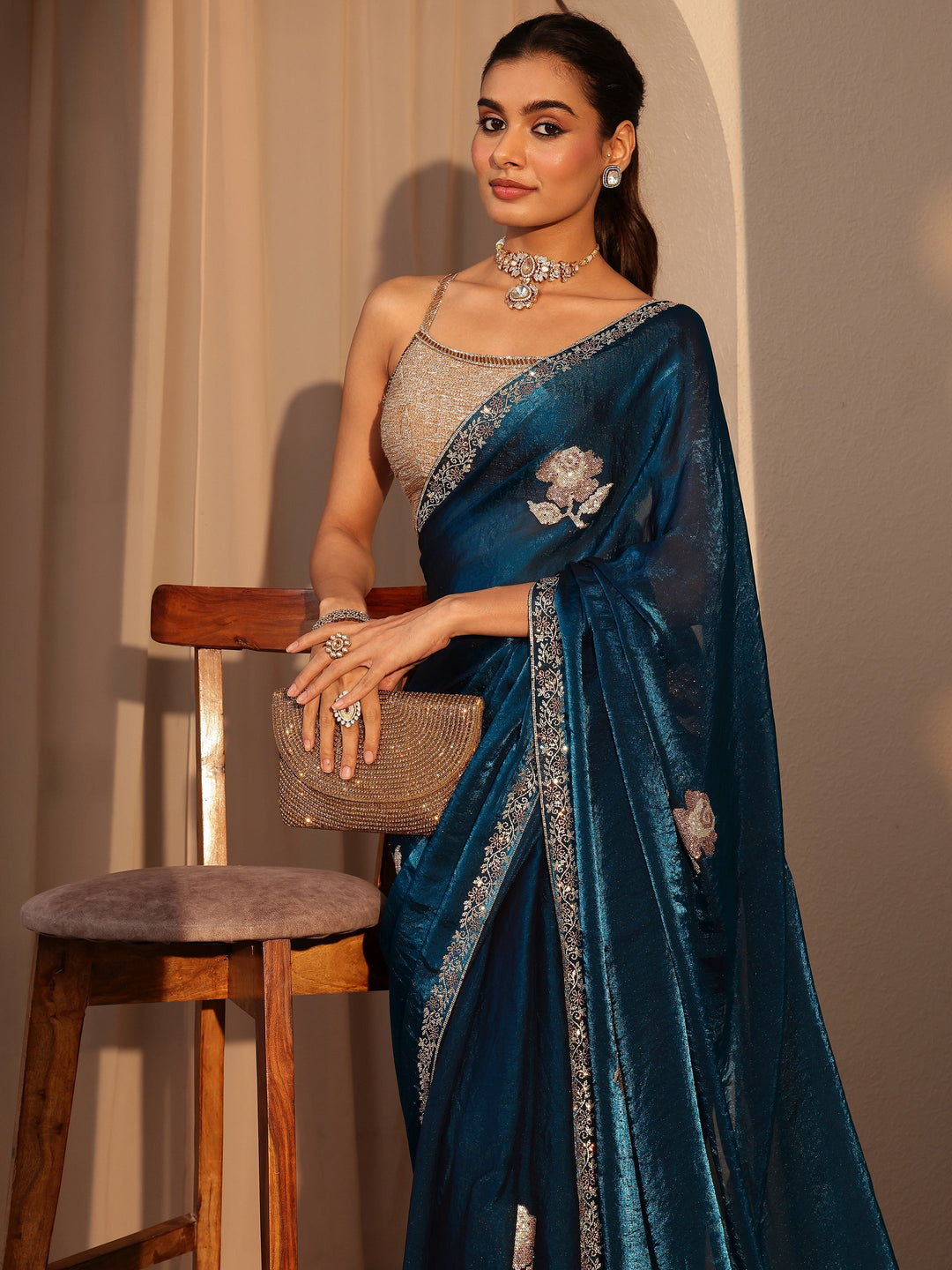  Peacock Blue Floral Embellished Tissue Saree 