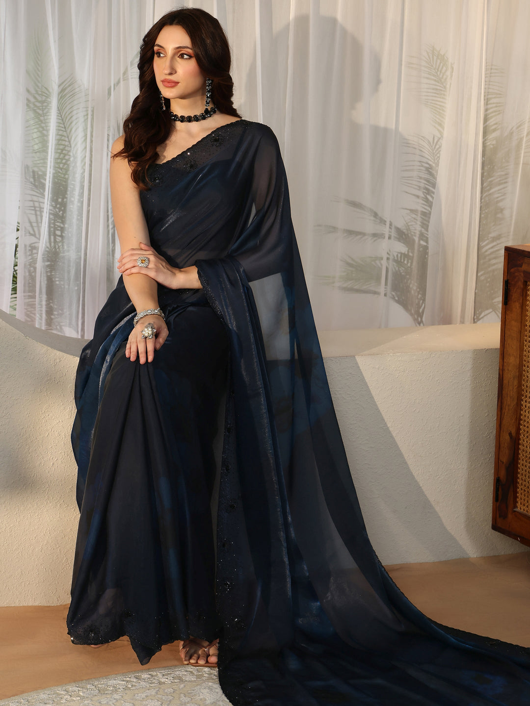  Peacock Blue Floral Silk Blend Saree 