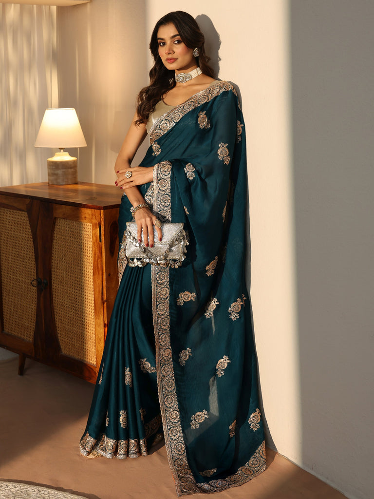 Libas Peacock Blue Floral Embroidered Chiffon Saree