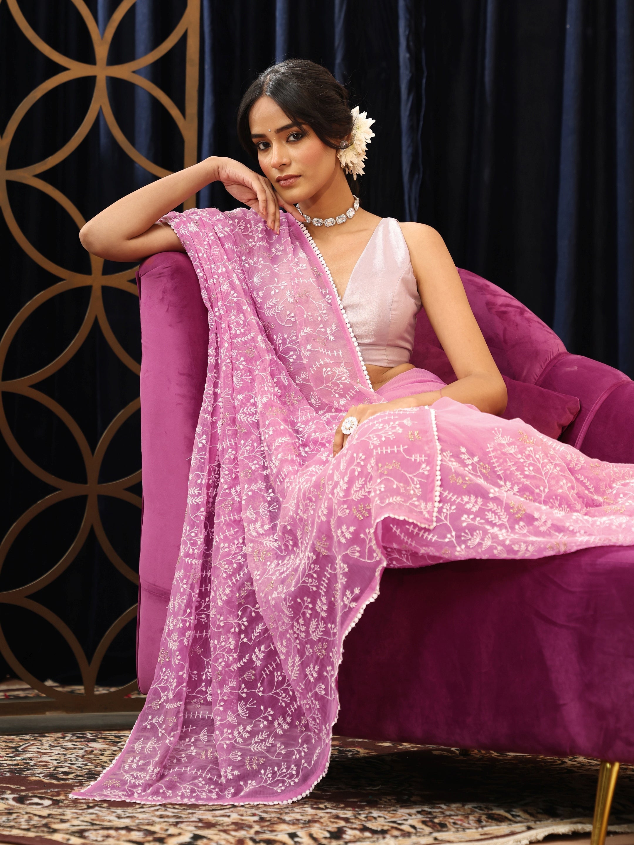 Libas Peony Pink Floral Embroidered Chiffon Saree-picture-42
