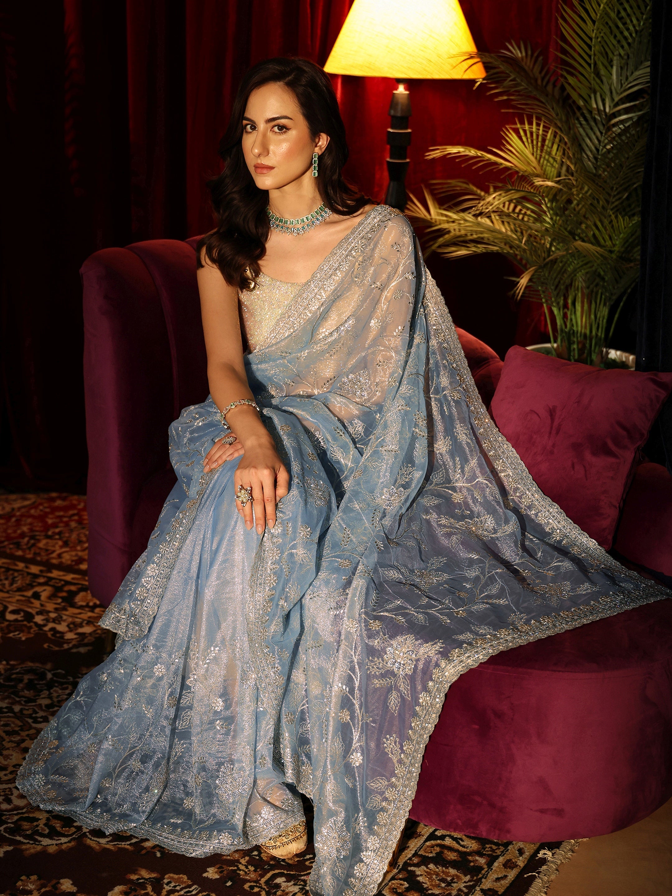 Libas Periwinkle Blue Floral Embellished Net Saree-picture-39