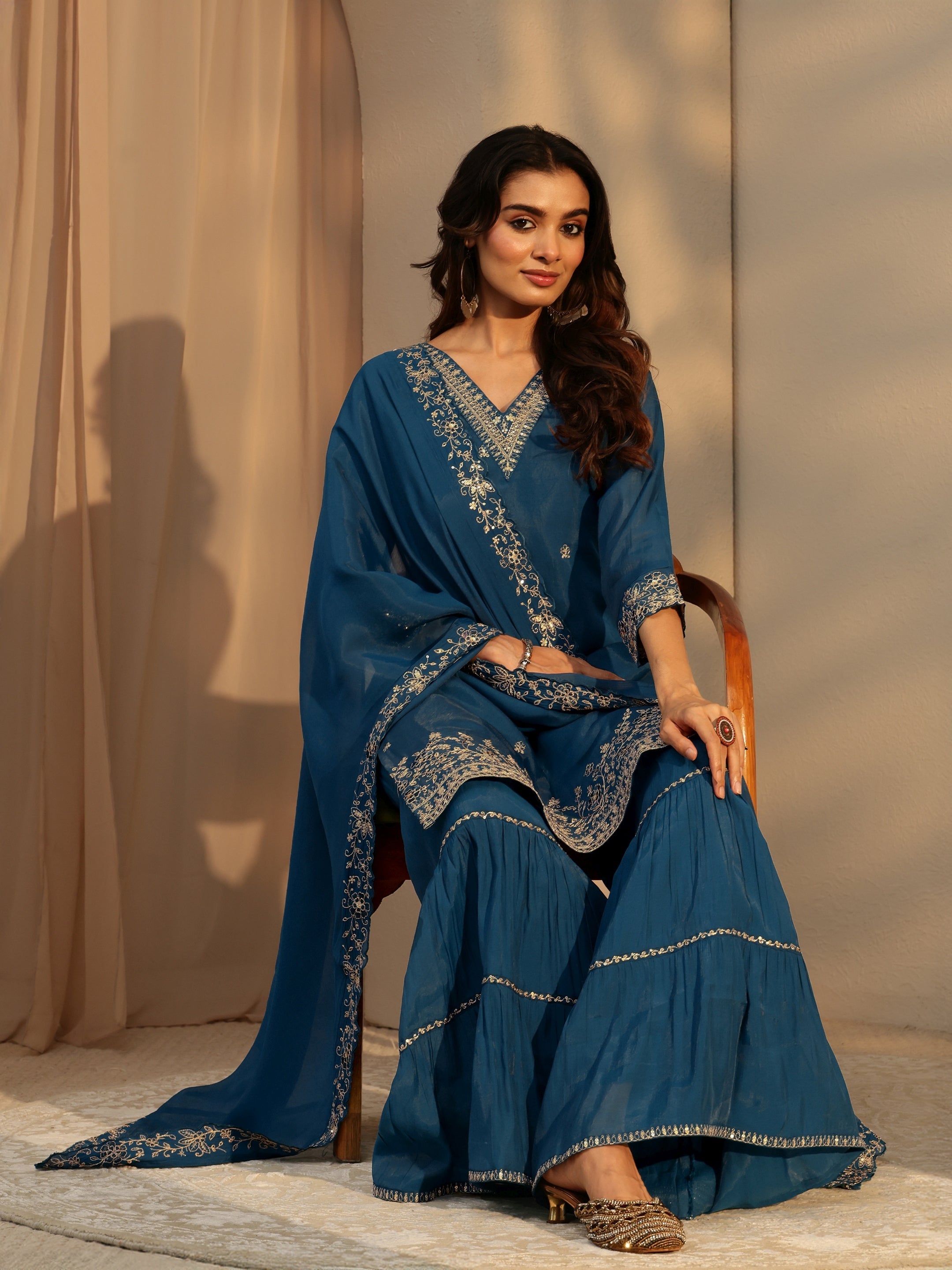 libas Persian Blue Embellished Chanderi Cotton Sharara Suit Set-picture-26