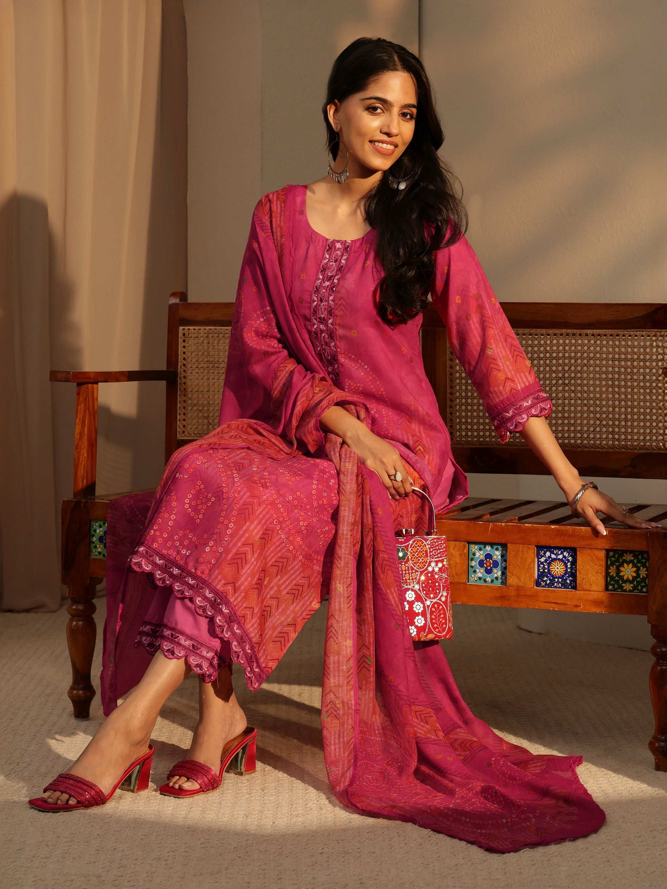 libas Pink Bandhani Print Straight Cotton Suit Set-picture-17