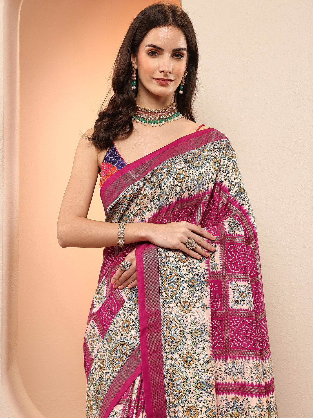 Pink Bandhani Printed Sarees With Unstitched Blouse Piece