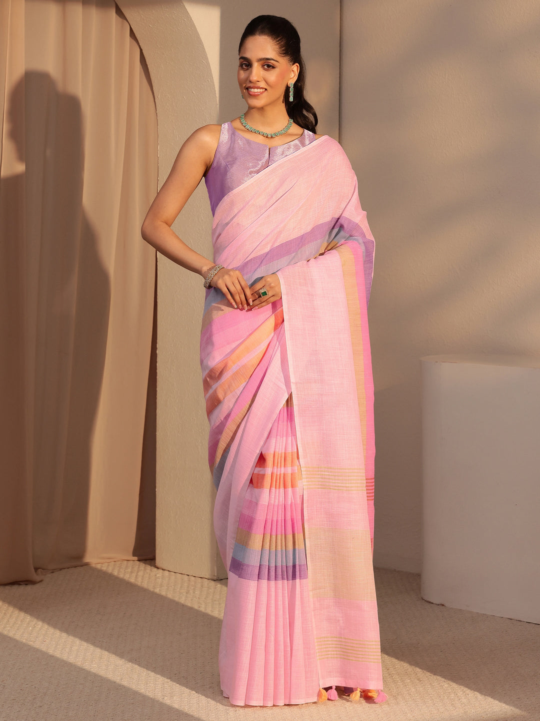  Pink Colorblock Printed Cotton Blend Saree 