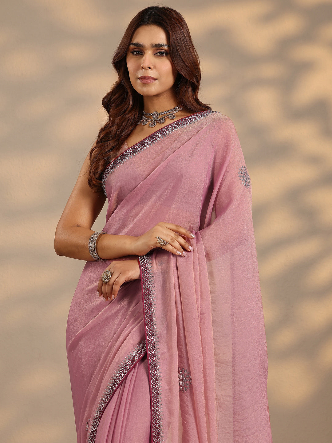 Pink Embellished Organza Saree With Unstitched Blouse Piece