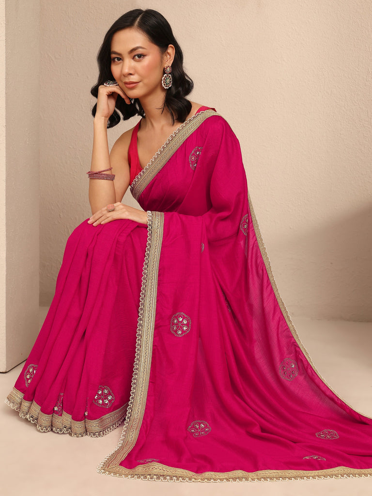 Libas Pink Embellished Silk Blend Saree With Unstitched Blouse Piece