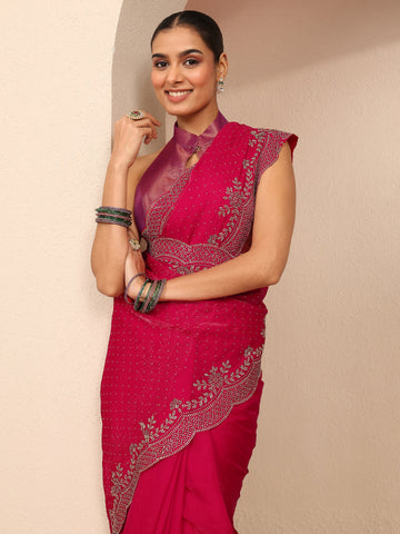 Pink Embellished Silk Blend Saree With Unstitched Blouse Piece