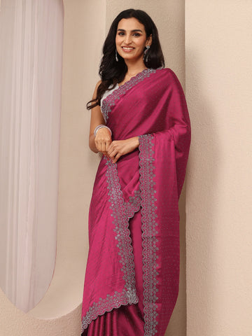 Pink Embellished Silk Blend Saree With Unstitched Blouse Piece