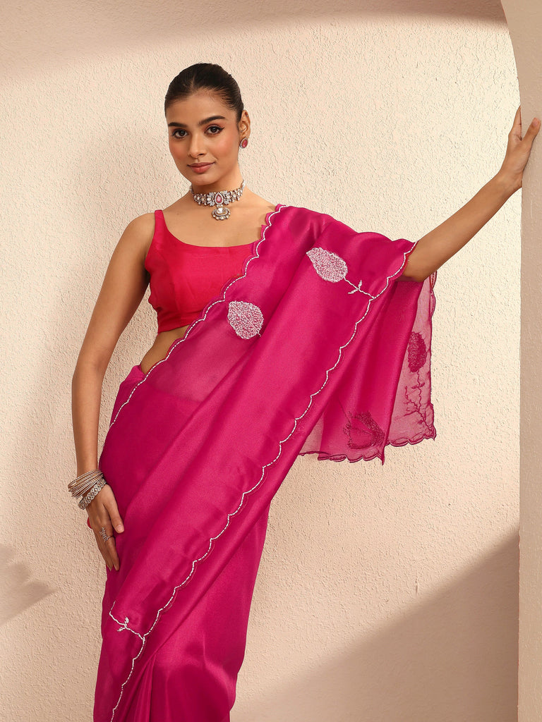 Libas Pink Embellished Silk Blend Saree With Unstitched Blouse Piece