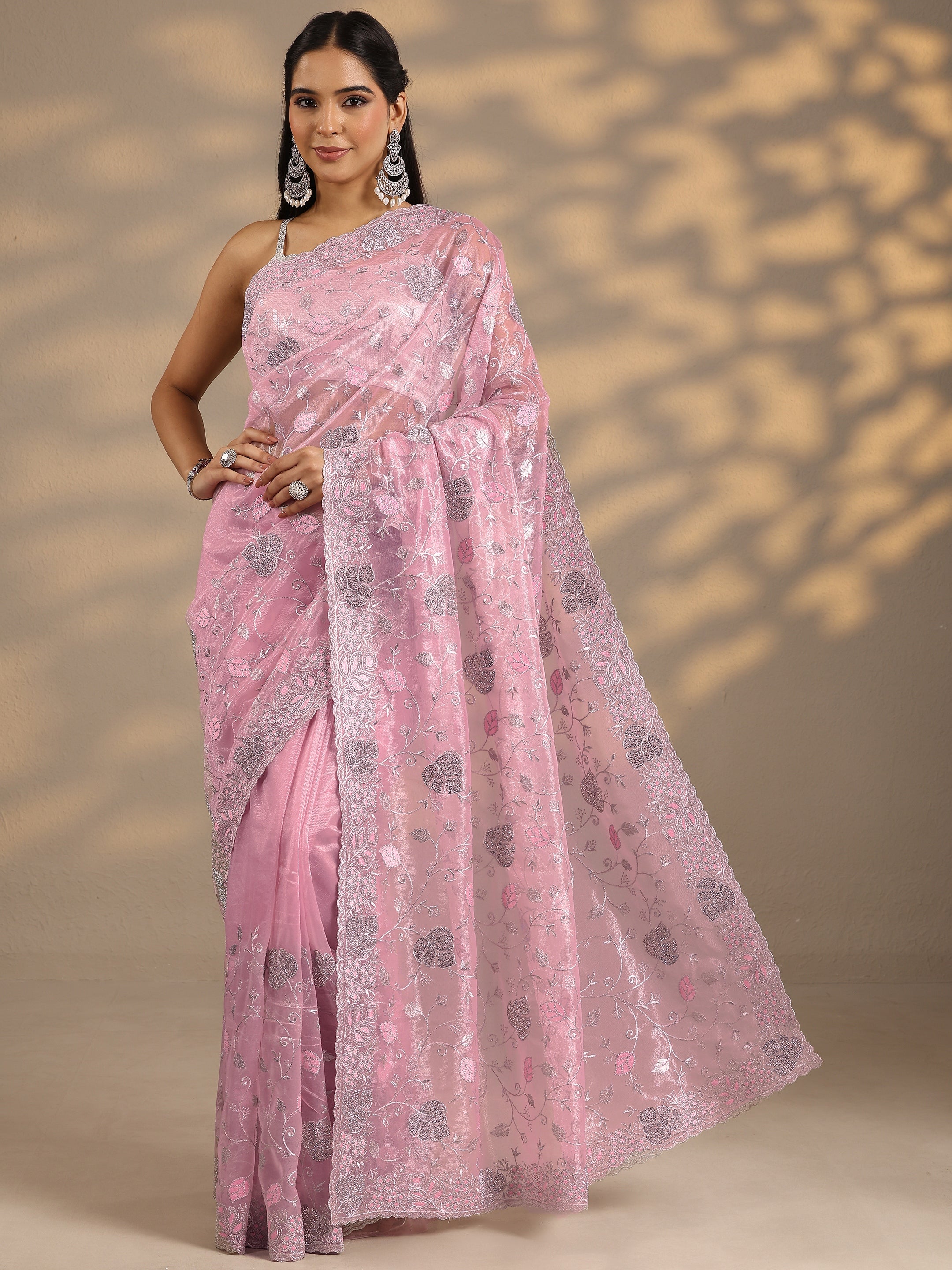 libas Pink Embroidered Nylon Saree With Unstitched Blouse Piece-picture-37