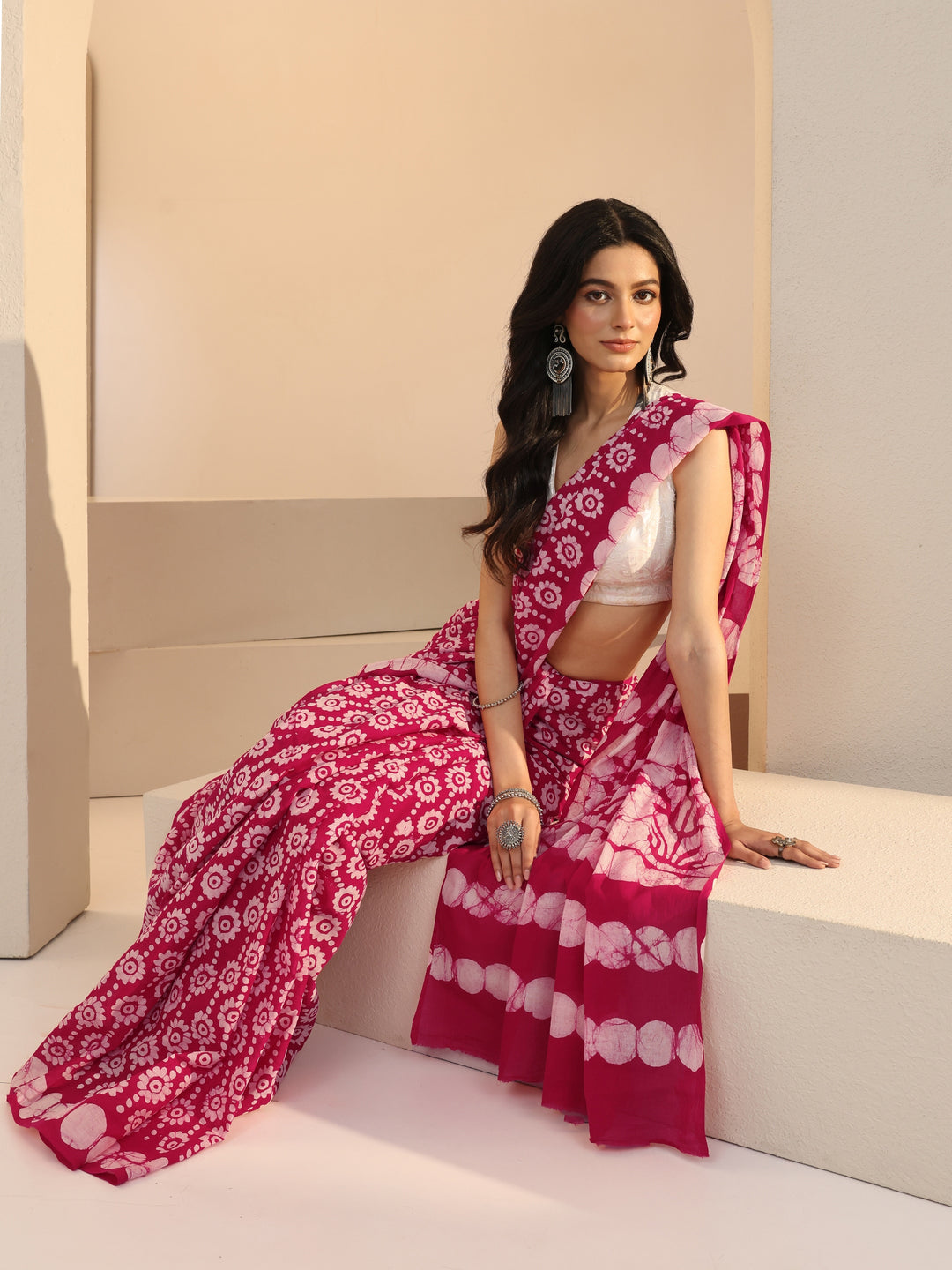  Pink Floral Batik Print Cotton Saree 