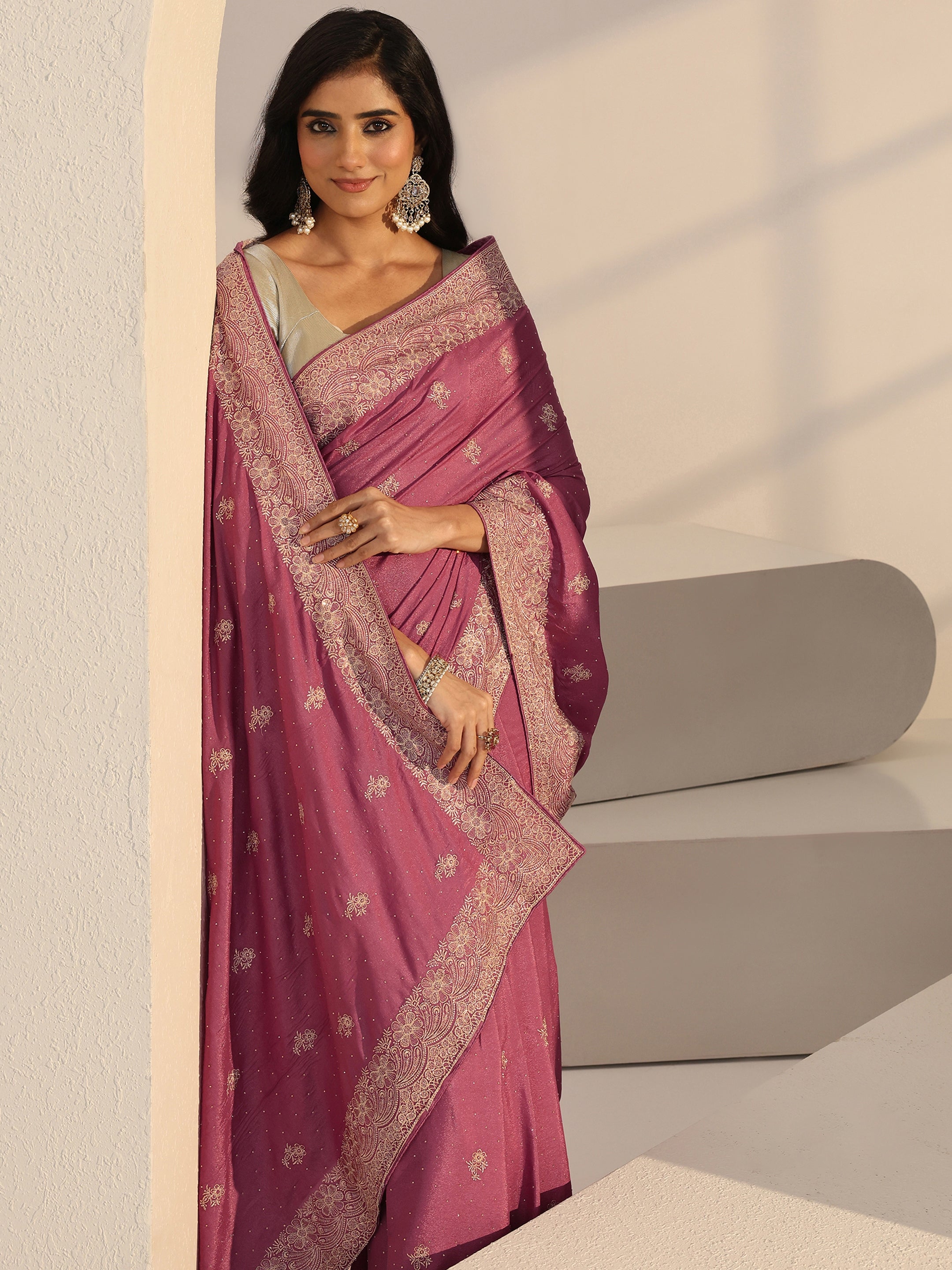 libas Vintage Pink Floral Embellished Satin Saree-picture-41