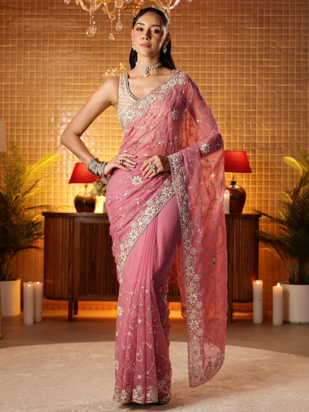  Pink Floral Embroidered Chiffon Saree 