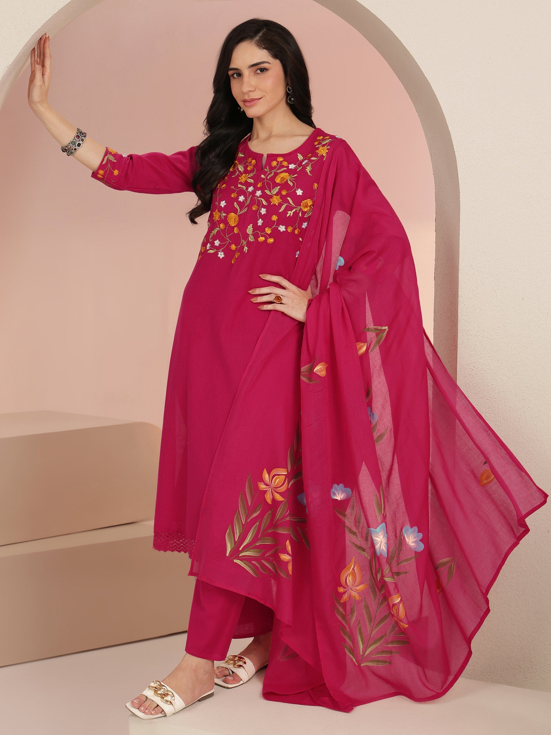 libas Pink Floral Embroidered Cotton Straight Suit Set-picture-44
