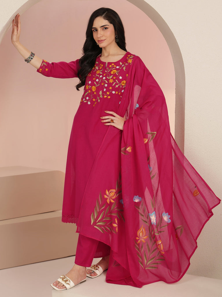 Libas Pink Floral Embroidered Cotton Straight Suit Set