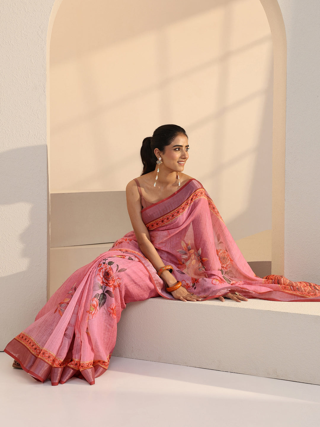 Pink Floral Print Cotton Blend Saree 